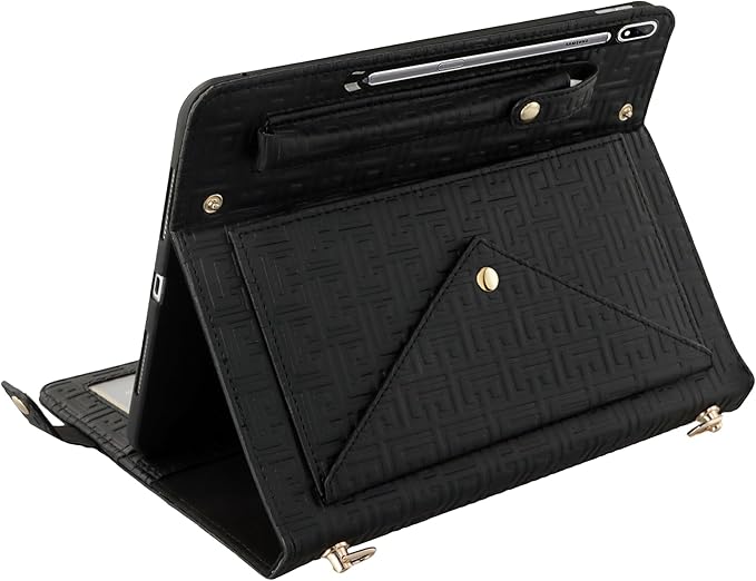Handbag Case for Samsung Galaxy Tab S10 FE+/Plus 13.1-inch Techcircle Elegant Crossbody Folio Stand Wallet Case with Pencil Holder Card Slots Hand Strap Shoulder Strap Black