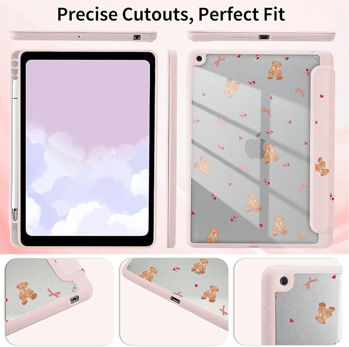 Lovely Bear Bowknot Case for iPad 9th/7th/8th Generation (2021/2020/2019 10.2 Inch) with Pencil Holder Kawaii Girly Pink Leather Clear Back Shell Foldable Protective Cover