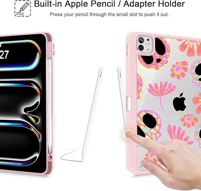 Mektron Case for M5/ M4 iPad Pro 11 inch 2025/2024 with Pencil Holder Compatible Models: A3357/A3358/A3359/A2836/A2837/A3006 Shockproof Cover Clear Shell Skull &amp Flowers Pink