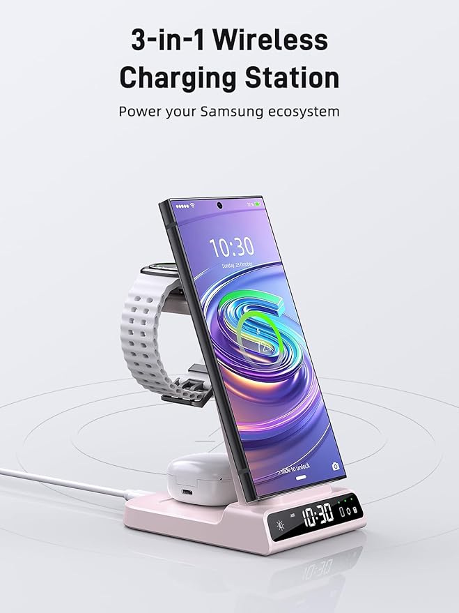 Wireless Charger Samsung Charging Station: 3 in 1 Android Charging Stand with Dimmable Clock - Nightstand Organizer for Galaxy S25 Ultra S24 Galaxy Watch 8 7 6 5 4 Galaxy Buds Space-Saving Charger