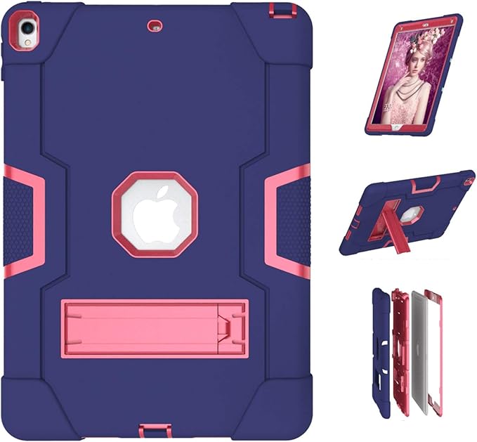 Jaorty 3 in 1 Hybrid Case for iPad Air 3 10.5 &amp iPad Pro 10.5 - Heavy Duty Rugged Stand Shockproof Anti-Slip Anti-Scratch Blue/Rose Red