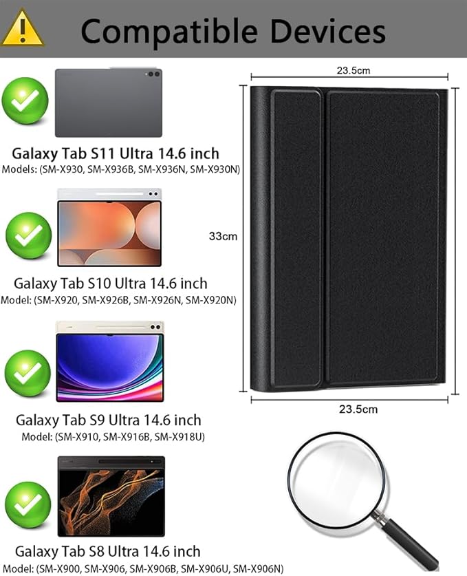 Case Keyboard for Samsung Galaxy Tab S11 Ultra / S10 Ultra / S9 Ultra / S8 Ultra 14.6 inch Cover - 7 Color Rainbow Change Backlit Detachable Magnetic Keyboard with S Pen Holder with Mouse - Black