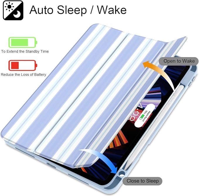 Mektron Case for iPad Pro 11 inch Case M2 2022 Generation 4th Fit 2021 2020 2018 iPad Pro 11 (3rd 2nd &amp 1st Gen) -Buit in Pencil Holder with Shockproof Cover Clear Shell Blue Striped