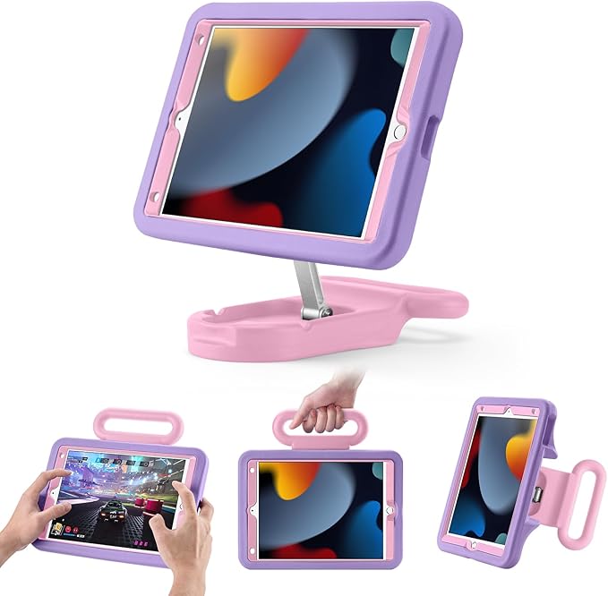 Kids Case for iPad 7th/8th/9th Gen 10.2 inchLight Weight Heavy Duty/Shockproof/Drop Proof with Handle/KickstandChild Friendly Protective Cover for iPad 10.2 2021/2020/2019 (PurplePink)