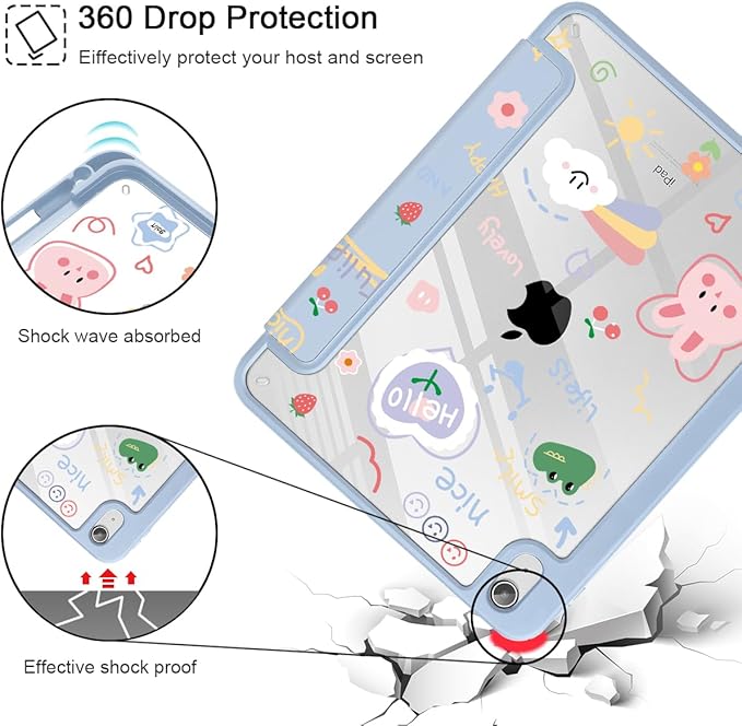 May Chen for iPad Air 11-inch M4/M3/M2 (2026/2025/2024) iPad Air 5th/4th 10.9 Inch - Shockproof Cover with Clear Back Shell &amp Penceil Holder Auto Wake/Sleep Stand Cover Cartoon Stick Figure