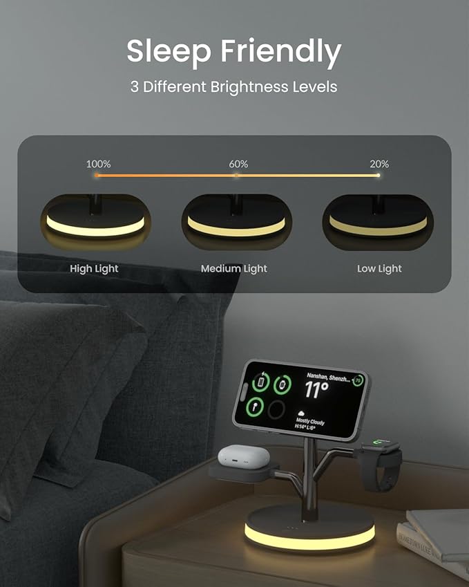 3 in 1 Charging Station for Apple Devices Fast Charging Magsafe Charger Stand with LED Light and 20W PD Adapter Wireless Nightstand Charger for iPhone17/16/15/14/13/12 SeriesAirPodsiWatch and More