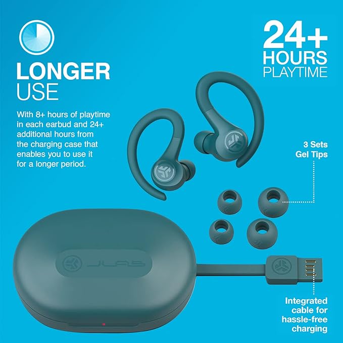 JLab Go Air Sport Wireless Workout Earbuds Teal Featuring C3 Clear Calling Secure Earhook Sport Design 32+ Hour Bluetooth Playtime and 3 EQ Sound Settings