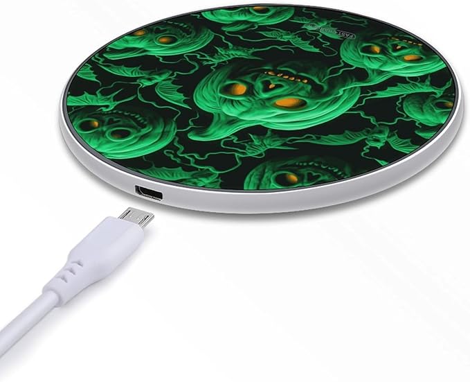 Green Ghost Horror Halloween Pumpkin Wireless Charger Fast Wireless Charging Pad with USB Cable 10W Anti-Slip Magnetic Wireless Charger Portable Slim Charger Puck Travel Charging Station
