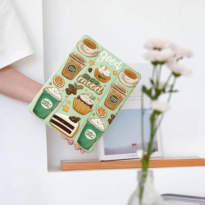 Cute Kawaii Coffee Cake for iPad Pro 13 Inch Case (M5/M4) 2025/2024 with Pencil Holder Auto Sleep/Wake Green Leather Soft TPU Back Cover