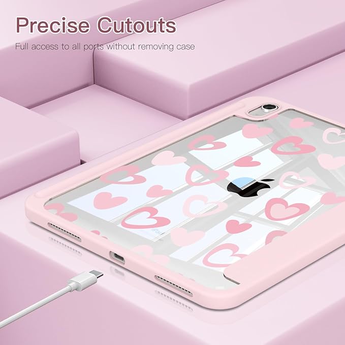 Teryeefi Clear Case for iPad (A16) 11th Generation 11 Inch 2025 Release for iPad 10th Generation 10.9 Inch 2022 Protective Shell with Pencil Holder Soft TPU+Crystal Hard Back Cover-Cute Heart