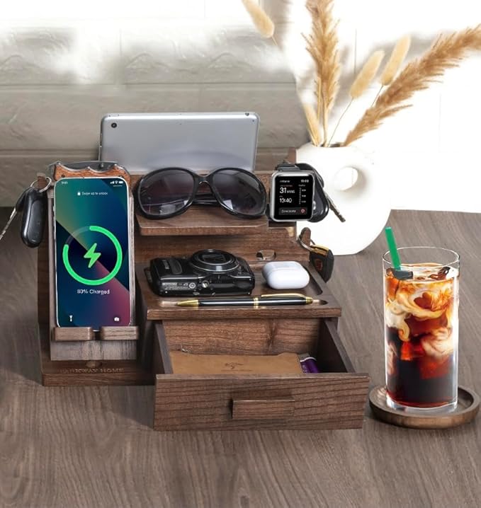 Wood Phone Docking Station with Drawer Compatible with Apple Watch - Wood Charging Station Organizer Stand Bedside Nightstand Organizer for Men Holds Phone Tablet Keys Glasses EDC