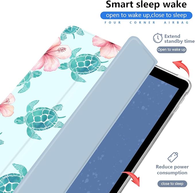 Blue Sea Turtle Case for iPad 5th/6th Generation (2017/2018) for iPad Air/Air 2 9.7 Hibiscus Flower Design Foldable Leather Protective Case Soft Back Cover with Pencil Holder
