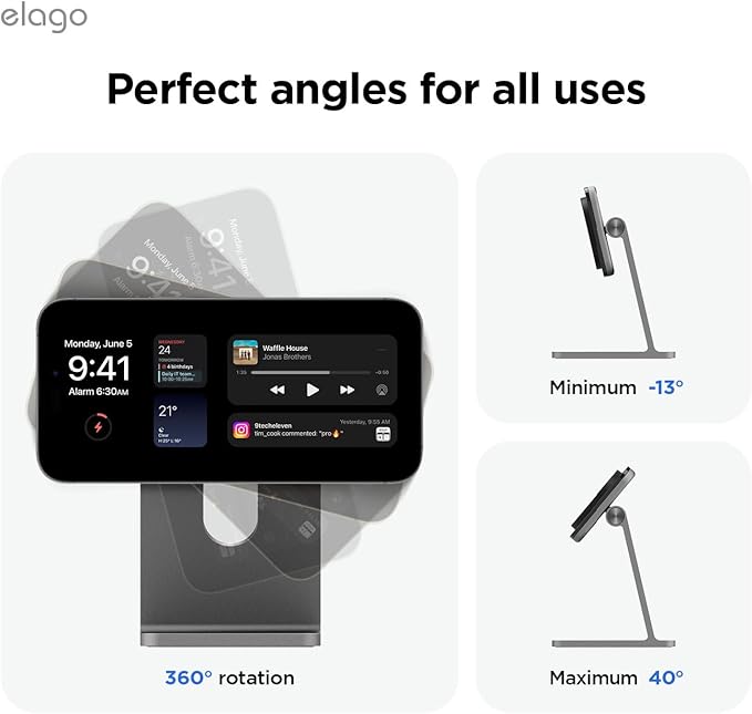 elago Qi2 Wireless Charging Stand for MagSafe Devices Qi2 Certified 15W Ultra-Fast Strong Magnet Adjustable Tilt Non-Slip Design for iPhone (Black)