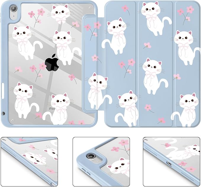 Tuiklol Case for iPad 11 inch (A16 Chip) 2025 Gen 11th / iPad 10.9 inch 2022 10th Gen Buit in Pencil Holder with Shockproof Cover Clear Transparent Back Shell Auto Wake/SleepCat-Blue