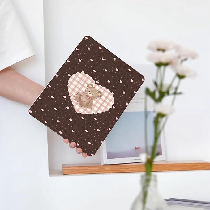 Cute Kawaii Bear Love Heart for iPad mini 7 A17 Pro 2024/iPad Mini 6 Case with Pencil Holder Auto Sleep/Wake Pink Leather Soft TPU Back Cover