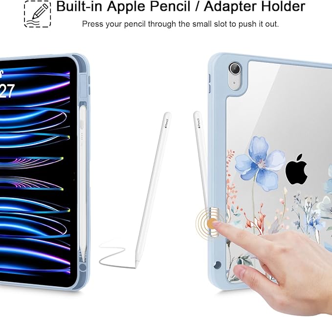 May Chen for iPad Air 11-inch M4/M3/M2 (2026/2025/2024) iPad Air 5th/4th 10.9 Inch - Shockproof Cover with Clear Back Shell &amp Penceil Holder Auto Wake/Sleep Stand Cover Blue Flowers