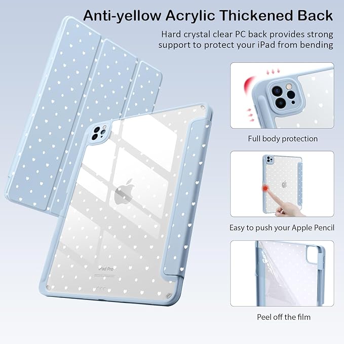 Cute Polka Dot Heart for iPad (A16) 11th Gen Case 11 Inch 2025 for iPad 10th Gen Case 10.9 Inch 2022 with Pencil Holder Auto Sleep/Wake Blue Leather Clear Acrylic Back Cover