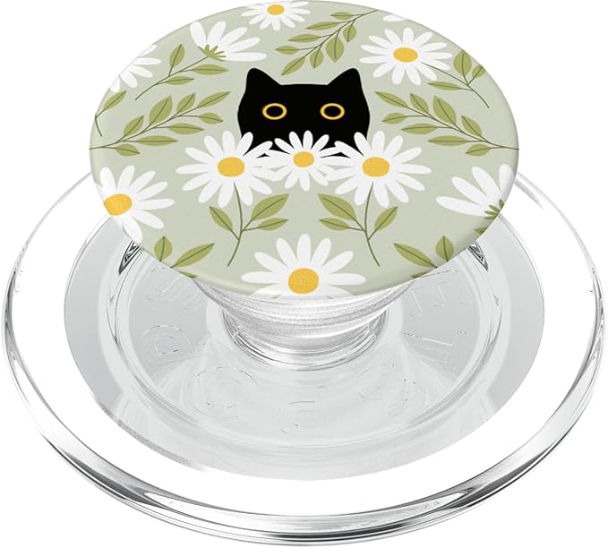 Cute Daisy Flower Floral Black Cat Sage Green Women Girls PopSockets PopGrip for MagSafe
