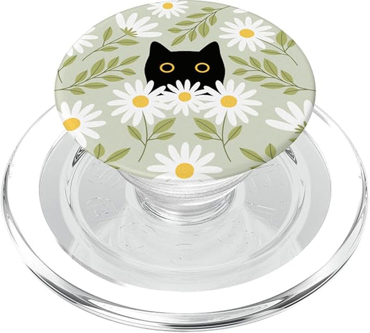 Cute Daisy Flower Floral Black Cat Sage Green Women Girls PopSockets PopGrip for MagSafe