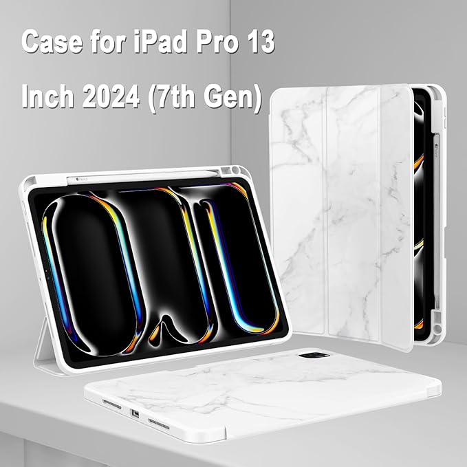 ZryXal New iPad Pro 13 Inch Case (M5) 2025 / (M4) 2024 with Pencil Holder Smart iPad Case [Support Pencil Pro and Pencil (USB-C)] Support Touch ID and Auto Wake/Sleep (Marble White)