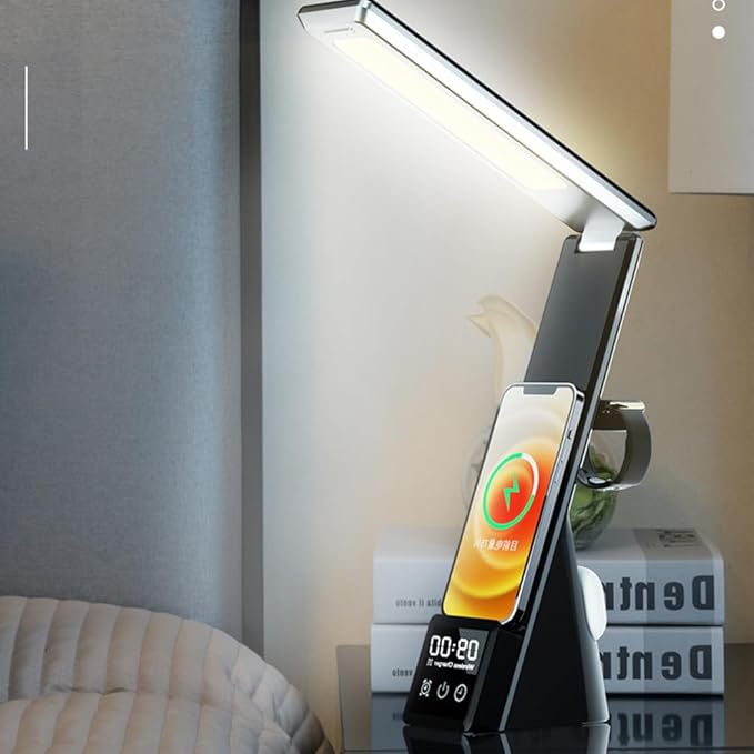 IHAO 6in1 Multifunctional Foldable LED Desk Lamp with Wireless Charger Digital Alarm Clock Eye-Care Lighting 3 Color Modes 15W Qi Charger for Phone/Headphones Apple Watch Compatible-Black