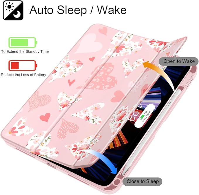 Tuiklol for 2025 iPad (A16 Chip) 11th Generation 11 inch/iPad 10th Generation 10.9 inch 2022 Case Buit in Pencil Holder with Clear Back Shell Cover Trifold Stand Auto Wake/SleepHearts Flower