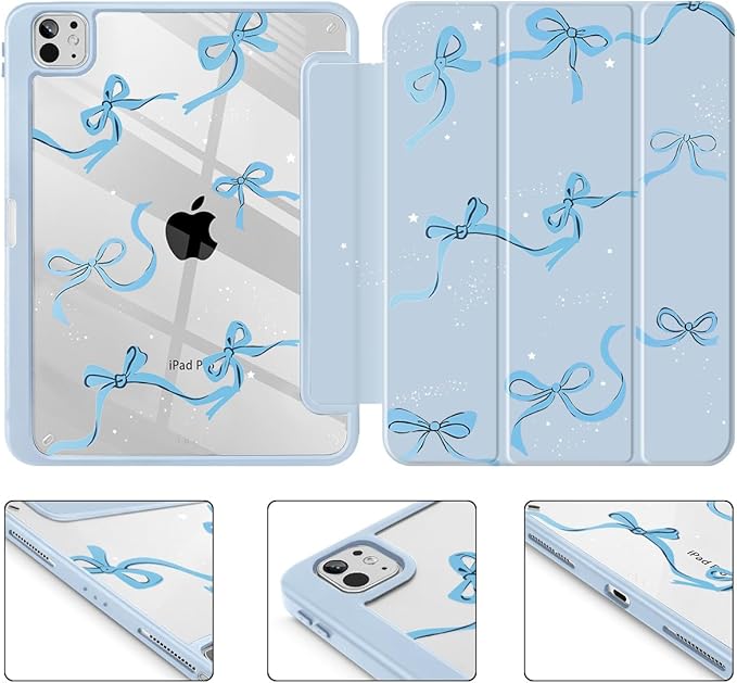 May Chen Case for iPad Pro 11-Inch M5/M4 2025/2024 (6th/5th Generation) Clear Transparent Print Back Shell Slim Stand Shockproof Tablet Cover Auto Wake/Sleep Bows Blue