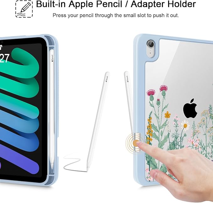 May Chen Slim Case for iPad mini 7 (A17 Pro 7th Generation) 2024 / iPad mini 6 (6th Gen) 8.3 Inch [Built-in Pencil Holder] Shockproof Cover Clear Clear Back Shell Auto Wake/Sleep Herbs Flowers