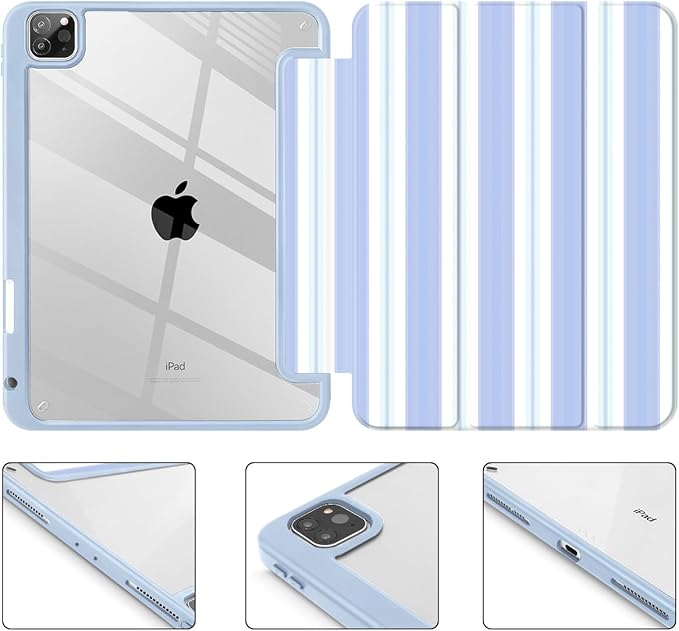 Mektron Case for iPad Pro 11 inch Case M2 2022 Generation 4th Fit 2021 2020 2018 iPad Pro 11 (3rd 2nd &amp 1st Gen) -Buit in Pencil Holder with Shockproof Cover Clear Shell Blue Striped