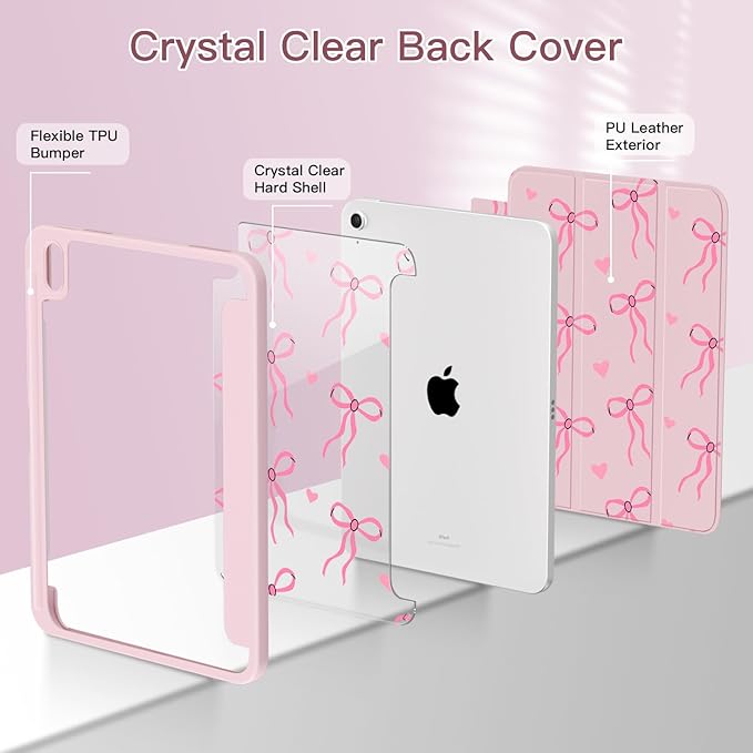 Teryeefi Case for iPad (A16) 11th Generation 11 inch (2025) &amp iPad 10th Generation 10.9 inch (2022) with Pencil Holder-[Auto Wake/Sleep] Premium Stand Case with Clear Back Cover Bow Pink P032