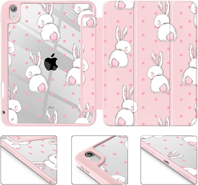 May Chen Case for iPad Air 13 Inch M4 2026 M3 2025 M2 2024 [Built-in Pencil Holder] Shockproof Cover with Clear Transparent Back Shell Auto Sleep/Wake Cover Cute Rabbit