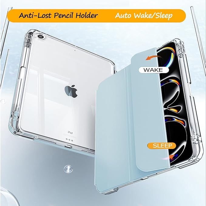 Slim Case for iPad 9th/8th/7th Generation 2021/2020/2019 (10.2 inch) Leather Case with Pencil Holder Slide Detachable Magnetic Trifold Stand Shockproof Protective Cute Clear Back Cover (Light Blue)