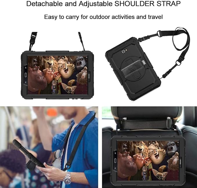 SZKMG Case for Samsung Galaxy Tab A 10.1 Black Cover SM-T580 T585 T587 2016 Release Tablet Shockproof Protective Case with Screen Protector Rotating Kickstand &amp Hand Strap A6 2018 10.1-inch