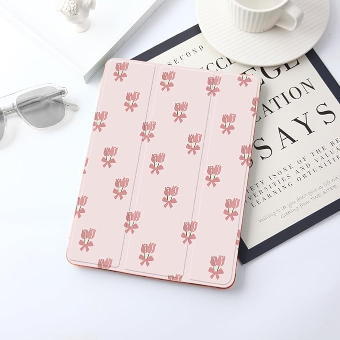 JOYLAND Tulip Pad Case - Pink iPad 5/6 Gen Folio with Pencil Holder &amp Auto Wake/Sleep
