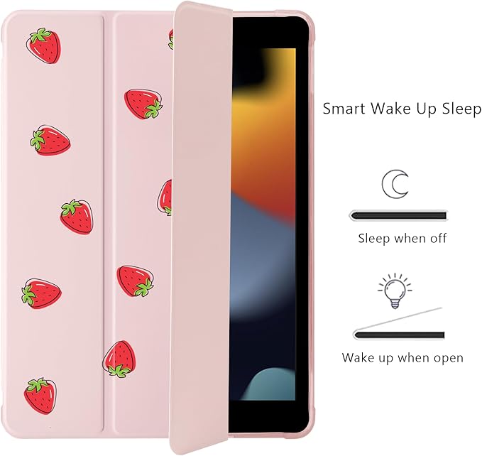 Cute Kawaii Strawberry for iPad Pro 13 Inch Case (M5/M4) 2025/2024 with Pencil Holder Auto Sleep/Wake Pink Leather Soft TPU Back Cover