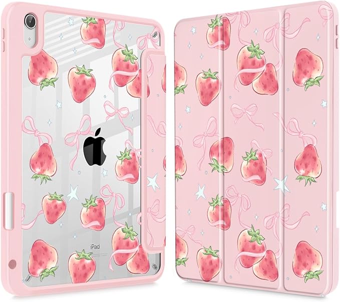 May Chen Case for iPad Air 13 Inch M4 2026 M3 2025 M2 2024 [Built-in Pencil Holder] Shockproof Cover with Clear Transparent Back Shell Auto Sleep/Wake Cover Bow Strawberry