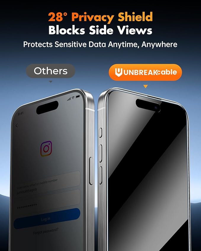 UNBREAKcable Privacy Screen Protector for iPhone 15 Pro 3 Pack Full Coverage Tempered Glass [28° Anti-Spy] [9H Hardness] [Easy Installation Box] Shatterproof Private Screen Guard