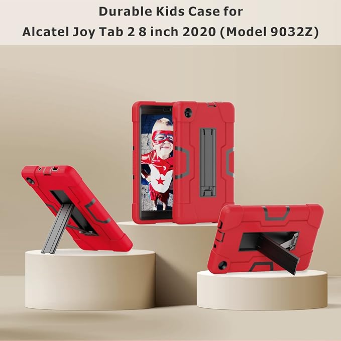 Case for for Alcatel Joy Tab 2 Tablet 8-inch 2020 Release (Model: 9032Z) - [Built-in Kickstand] Anti Slip Kids Friendly Shockproof Silicone Protective Cover (Red/Black)