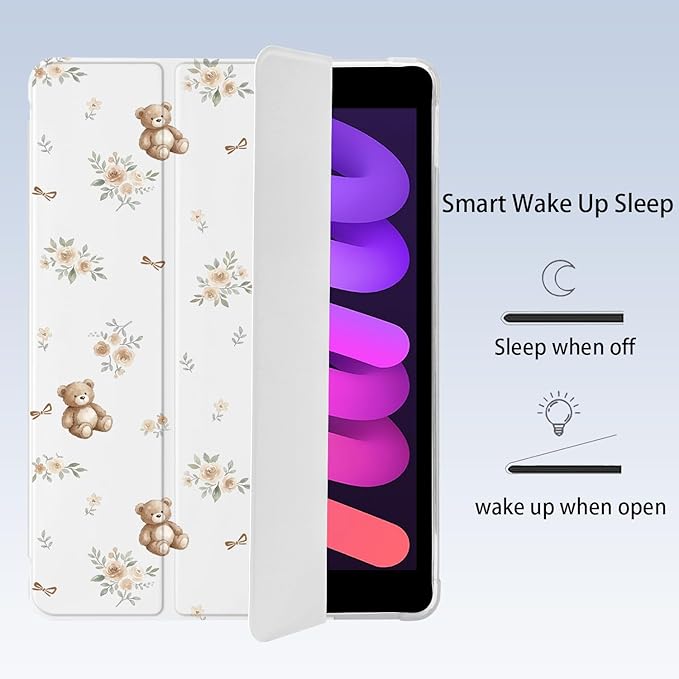 Cute Kawaii Bear Flower for iPad 7th/8th/9th Generation Case with Pencil Holder Auto Sleep/Wake White Leather Soft TPU Back Cover for iPad 10.2 Inch 2019/2020/2021