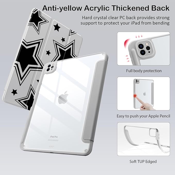 Cute Y2K Star for iPad Pro 11 Inch Case (M5/M4) 2025/2024 with Pencil Holder Auto Sleep/Wake Grey Leather Clear Acrylic Back Cover