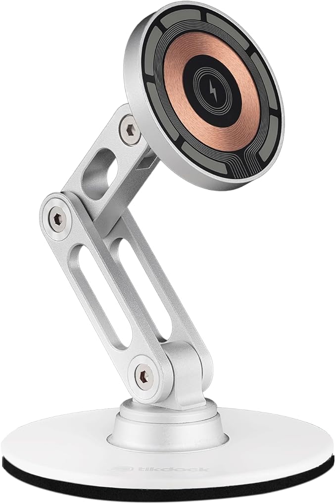 ClikDock Cell Phone Magnetic Wireless Charger Stand 360° Spin Aluminum Construction Compatible with MagSafe Phones for iPhone &amp Andriod (Platinum)