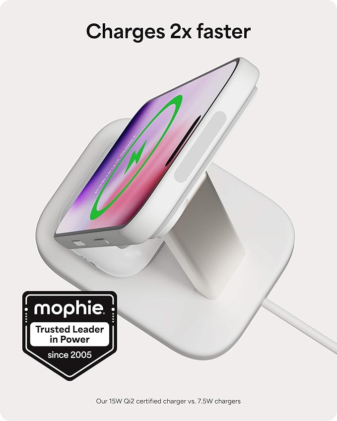 Mophie 2-in-1 Wireless Charging Stand - Qi2-Certified MagSafe Charger for iPhone &amp AirPods – Fast Charging Station with Adjustable Phone Stand &amp Cable Management – Up to 15W Power