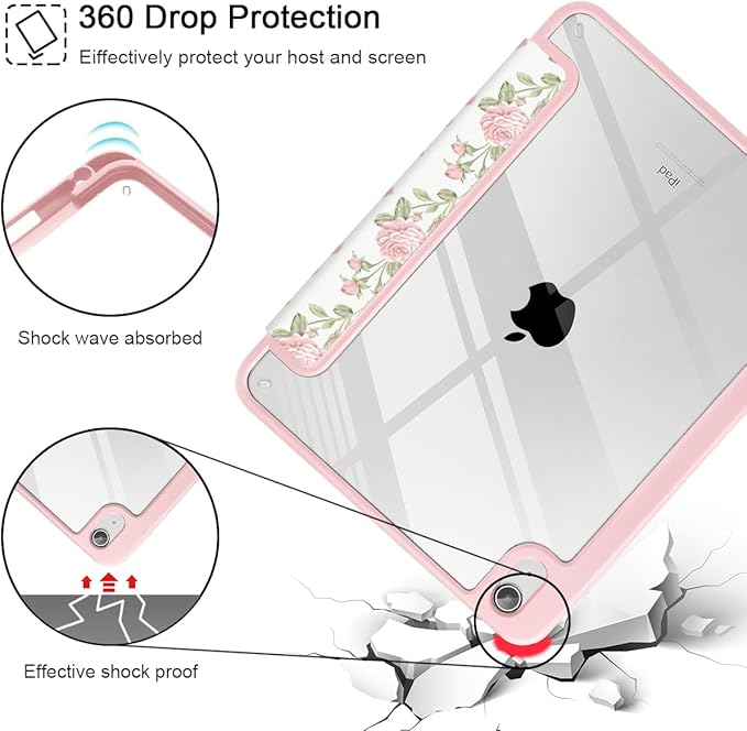 Case for iPad 11 inch A16 2025 Generation 11th / iPad 10.9 inch 2022 10th Gen Buit in Pencil Holder with Shockproof Cover Clear Transparent Back Shell Auto Wake/Sleep Exquisite Rose