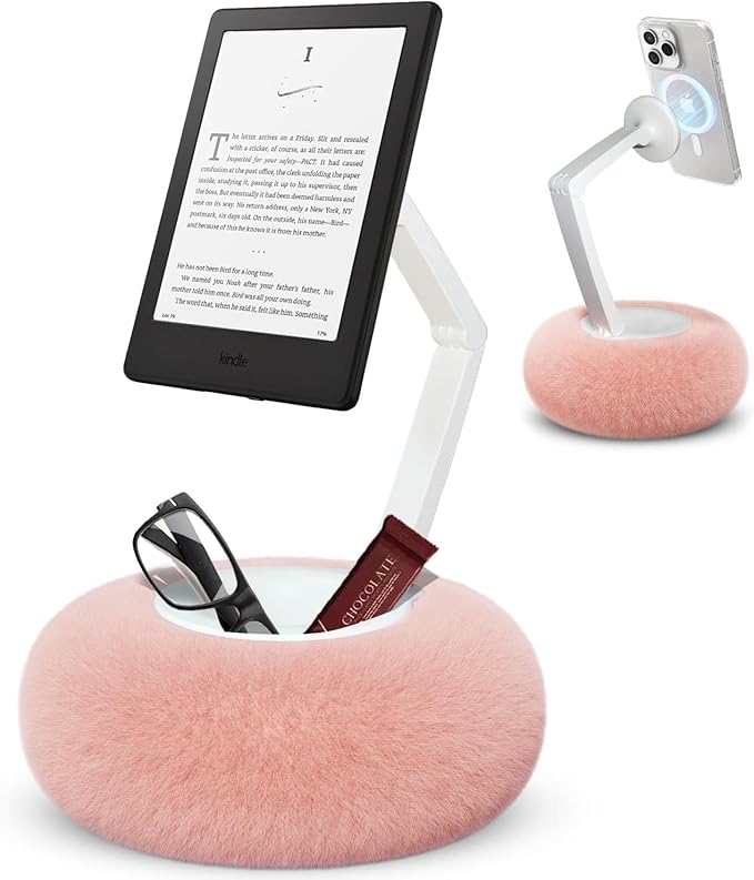 Upgraded Magnetic Kindle Holder for Bed Dual-Axis 360° Adjustable Pillow Stand with Bowl &amp Suction Cup Base Compatible with 3.5–7 Kindle E-Reader iPhone &amp Android Phones Pink