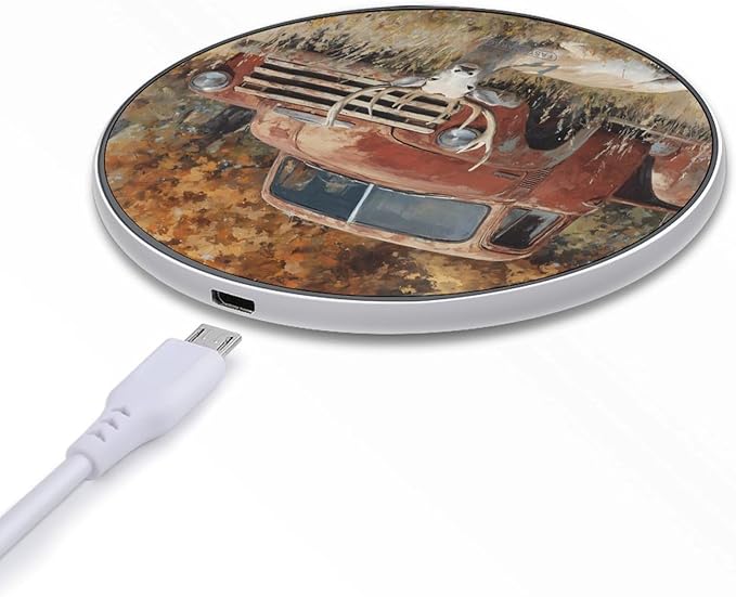 Old Truck Deers Autumn Forests Fast Portable Charger 10W Funny Graphic Phone Charging Pad with USB Cable
