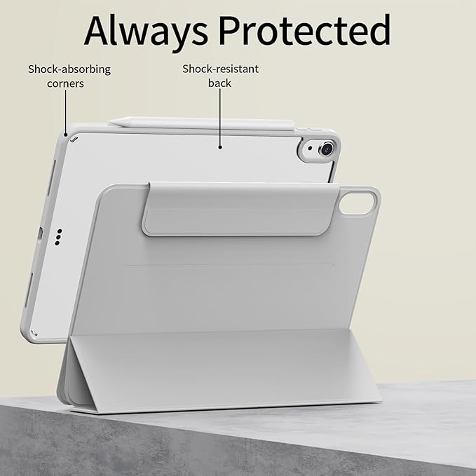 for iPad (A16) 11th Generation 11 Inch 2025/ 10th Generation 10.9 Inch 2022 Hybrid Case with Pencil Holder | Detachable Magnetic Cover | Portrait/Landscape Stand | Clear Hard Back Gray