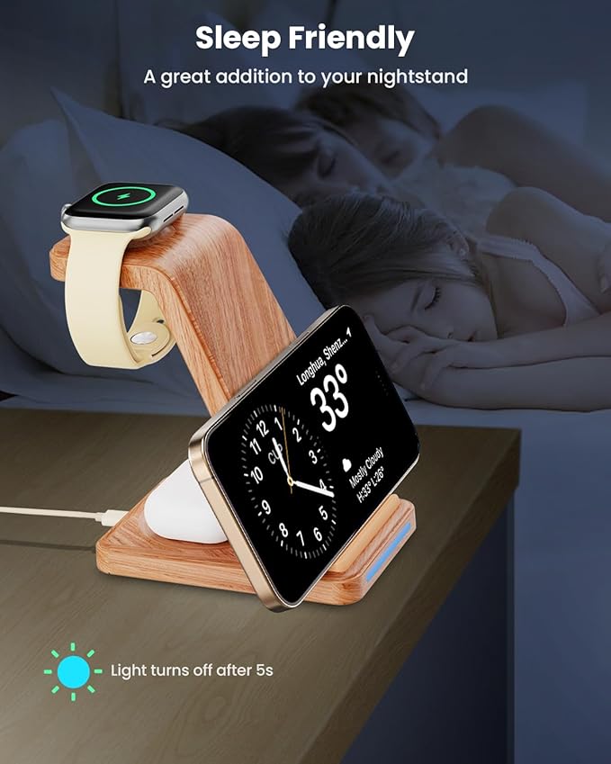 Wireless Charging Station 3 in 1 Wireless Charger Stand for Multiple Apple Devices Charging Dock for iPhone 16 15 14 13 12 11 Pro Max XS 8 Apple Watch 8 7 6 SE 5 4 3 2 3/2/Pro Wood