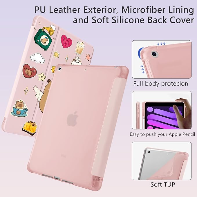Cute Kawaii Capybara for iPad Pro 13 Inch Case (M5/M4) 2025/2024 with Pencil Holder Auto Sleep/Wake Pink Leather Soft TPU Back Cover