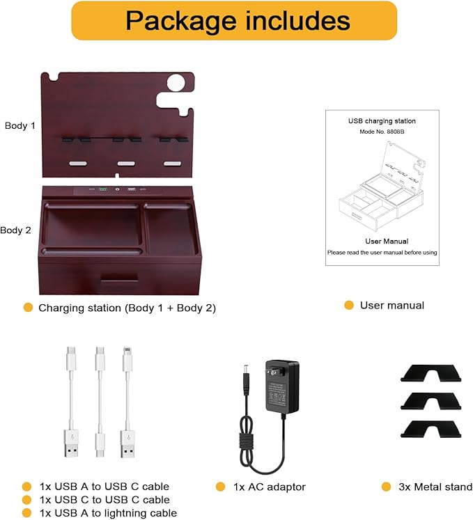 Wood Phone Docking Station with Drawer 4 USB Nightstand Organizer Charging Station with QC 3.0 &amp PD USB C Fast Charger for iPhone Android Mens Jewelry Box Anniversary Birthday Gifts for Men