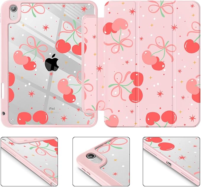 Tuiklol Case for iPad 11 inch (A16 Chip) 2025 Gen 11th / iPad 10.9 inch 2022 10th Gen Buit in Pencil Holder with Shockproof Cover Clear Transparent Back Shell Auto Wake/SleepEtro Cherry